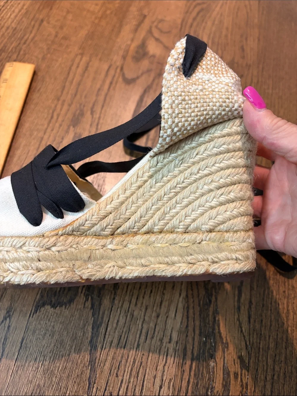 Castaner size 7 Cream Canvas Espadrille Wedges with Black Ribbon Ties